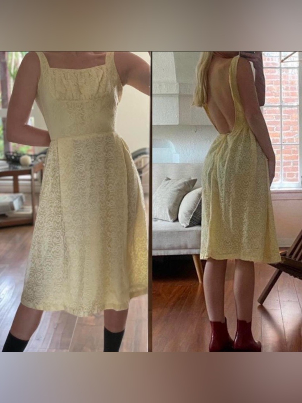 Yellow Lace Midi Dress — Open Back Elegant Women's Dress